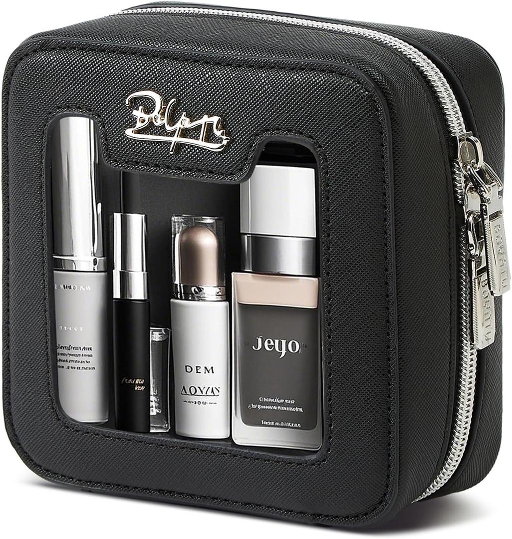 Clear Makeup Bag Cosmetic Case: Small Make up Bags for Purse - TSA approved Toiletry Bag for Women - Waterproof Travel Pouch with Zipper - Cute Makeup Organizer Skincare Bag for Car (Mini, Black)