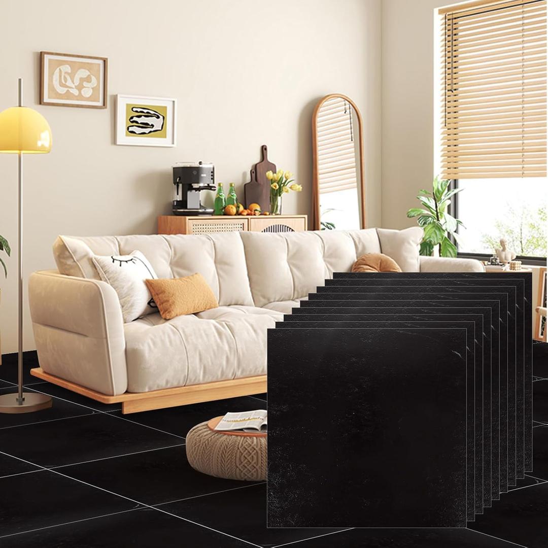 40 Pack Vinyl Flooring 12x12 Peel and Stick Floor Tile Waterproof, Self-Adhesive Sticky Tiles Flooring Floor Tile for Bathroom Kitchen Bedroom Living Room(Black) (11.8x11.8 inch)