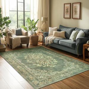 jinchan Green 4x6 Area Rugs Vintage Floral Design - Machine Washable Distressed Soft Ultra-Thin Low-Pile Non-Slip Carpet for Entryway Kitchen Bedroom Nursery Living Room Dining Room (4x6ft, Green)