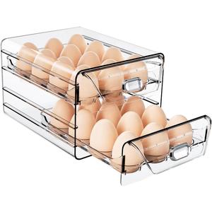 HIYOHIYO Clear 24 Egg Holder for Fridge, Large Egg Organizer for Refrigerator, Stackable Egg Storage Trays for Countertop, Eggs Drawer Dispenser with Time Scale (2 Layer, 7.9"x 6.3"x 5.5")