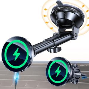 Coolpow for MagSafe Car Mount ChargerUltra MagnetMagnetic Phone Holders for Your Car ChargerWindshield+Vent+DashMagnetic Wireless Car Phone Holder Charger Car Mount for iPhone 17 Pro Max 16 15 14 (Black)