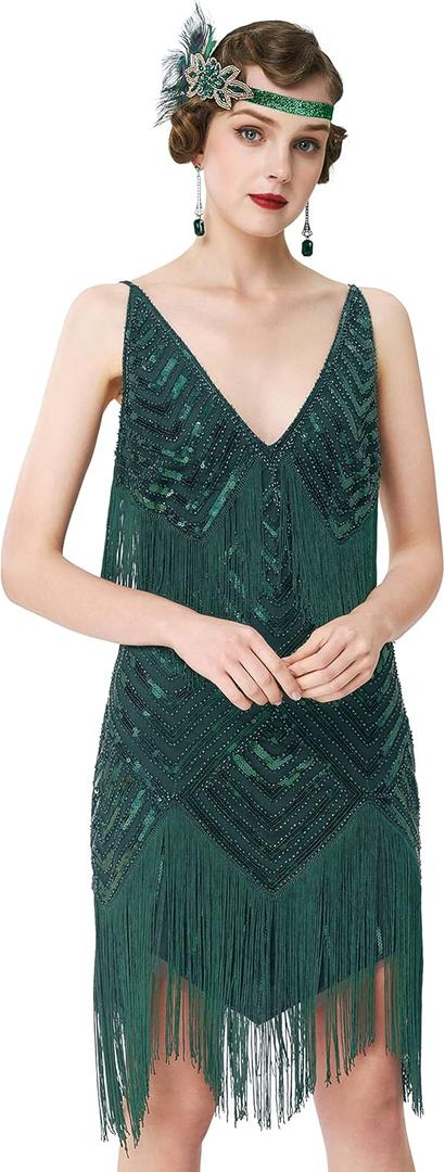 BABEYOND Women's 1920s Flapper Dress V Neck Slip Dress Roaring 20s Great Gatsby Dress for Party (3X-Large, Dark Green)