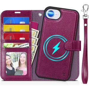 TUCCH Detachable Case for iPhone 17e & 16e Wallet 6.1", [Wrist Strap] Magnetic PU Leather Wallet Case RFID Blocking [Wireless Charging] 4 Card Holders Stand Folio Cover for iPhone 17e/16e, Plum Purple