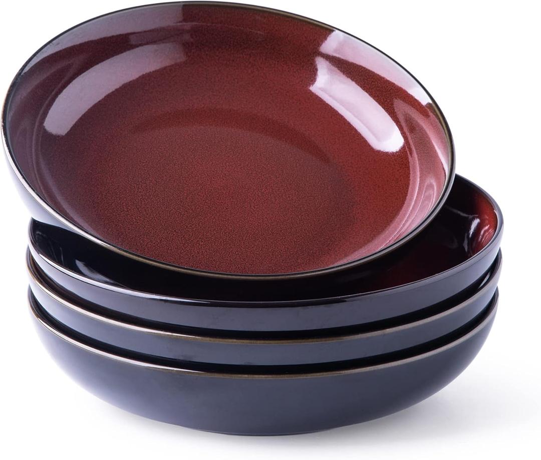 LERATIO Large Pasta Bowls,38oz Ceramic Pasta Bowls,9.0" Reactive Glaze Pasta Bowl Set of 4,Microwave & Dishwasher,Oven Safe,Wide Serving Bowls for Salad,Dessert,Fruit-Reddish Brown (Set of 4, Red)