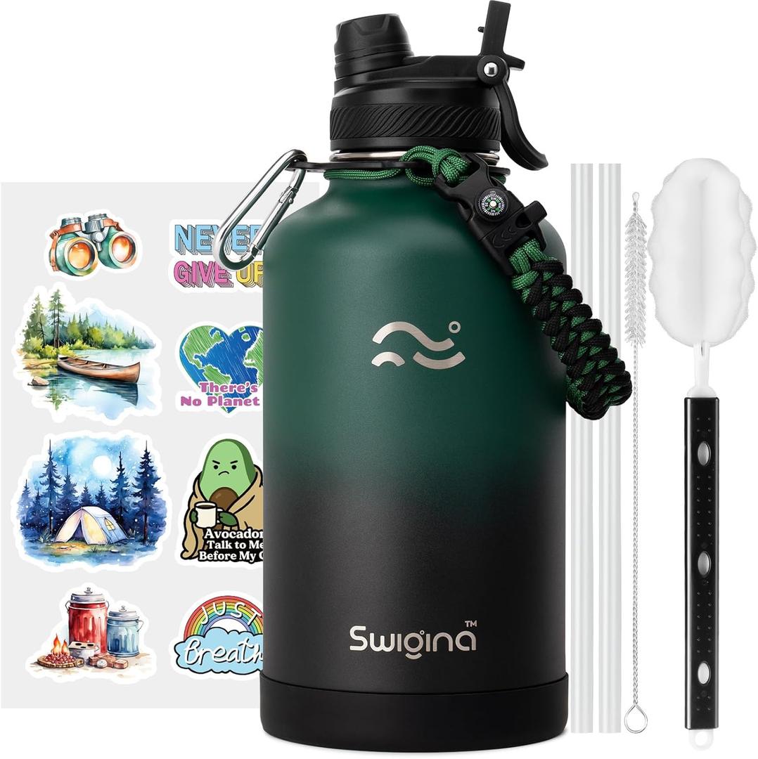 Swigina Insulated Water Bottle with Silicone Boot (36hrs Cold/18hrs Hot) - DIY Stickers, [2-in-1 Lid], BPA Free, 64 oz (Jungle-Black)