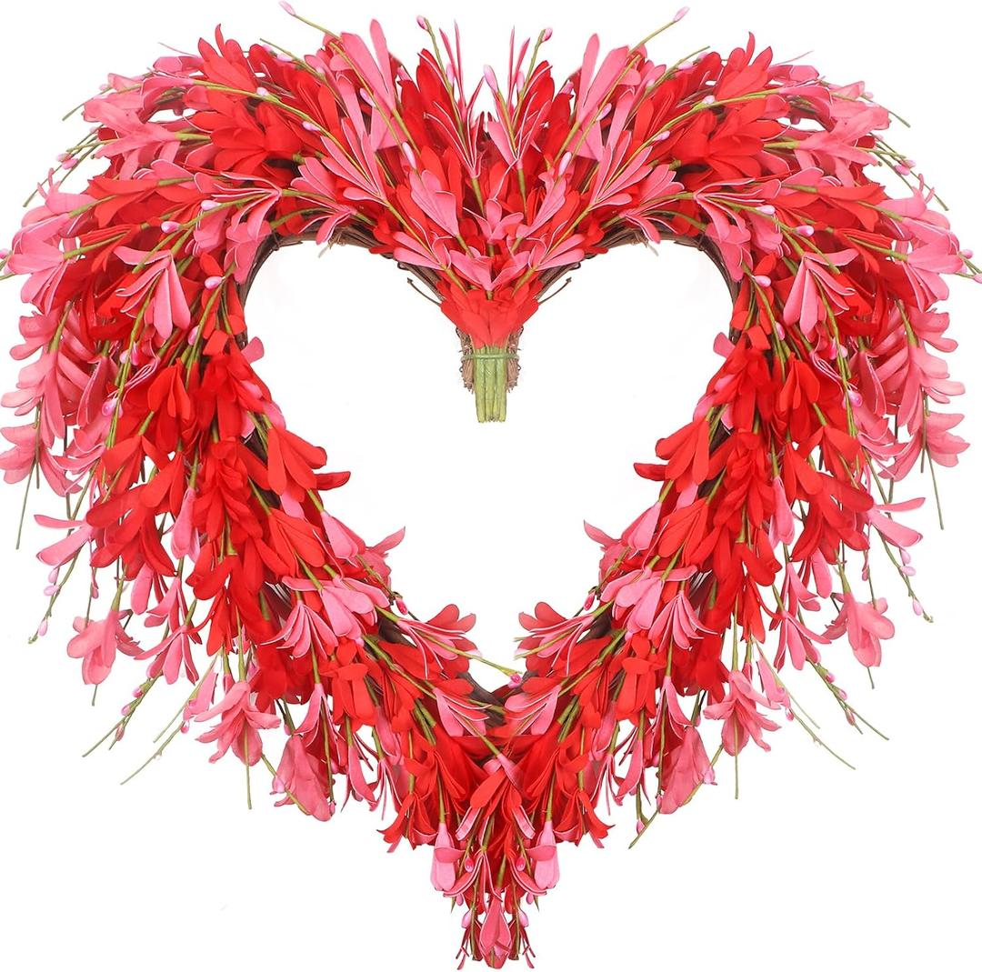 LOKEISNA Spring Wreaths for Front Door Mother's Day Wreath Decor,Pink Forsythia Wreath, 19 Inch Heart Wreath for Front Door,Home Farmhouse Decor, Valentin's Day