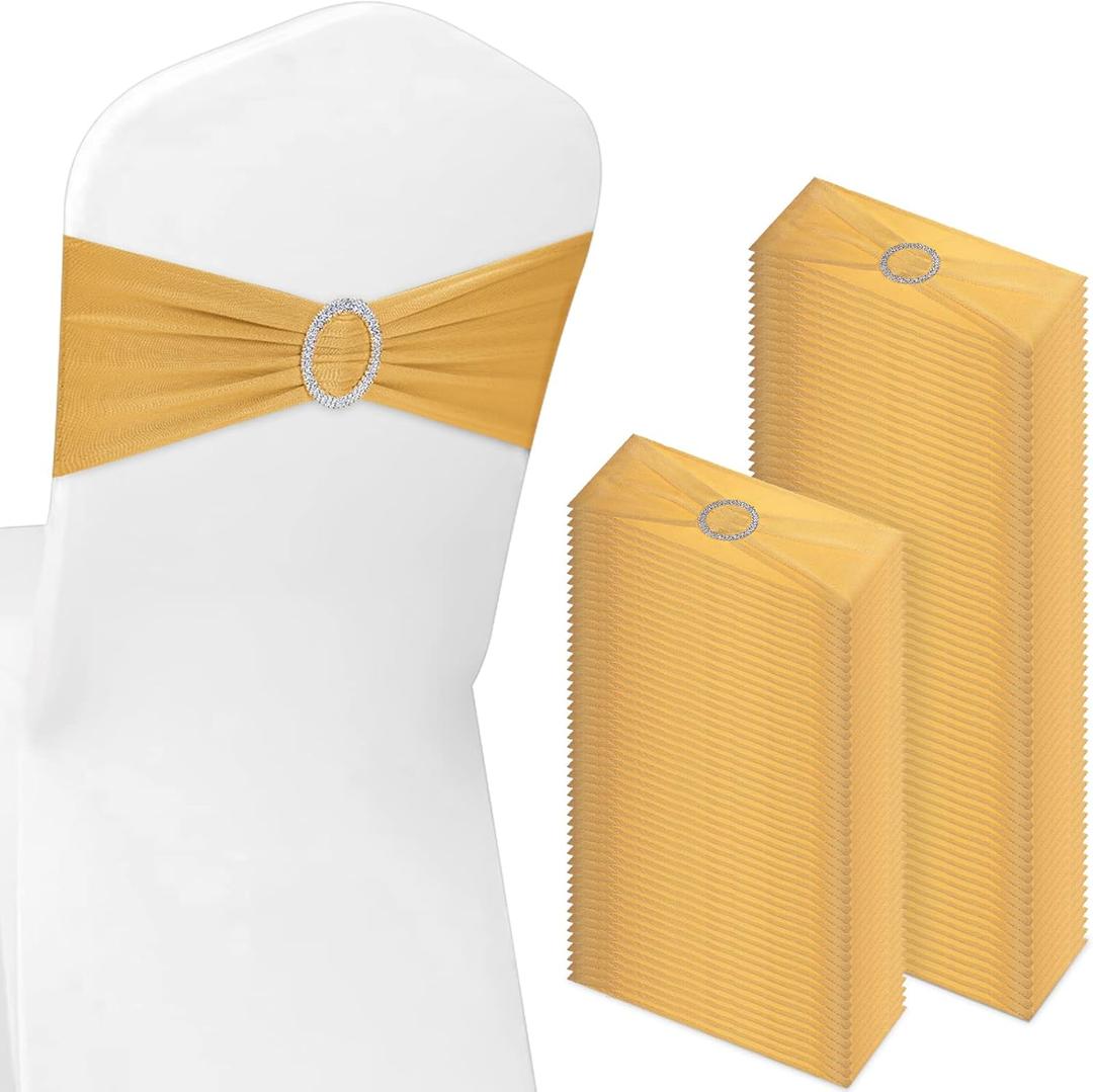 CHENGU 150 Pieces Spandex Stretch Chair Sashes Bows Elastic Chair Cover Bands Ties with Buckle Slider for Wedding Party Reception Events Universal Ceremony Banquet Decorations (Gold) CHENGU 150 Pieces Spandex Stretch Chair Sashes Bows Elastic Chair Cover Bands Ties with Buckle Slider for Wedding Party Reception Events Universal Ceremony Banquet Decorations (Gold)
