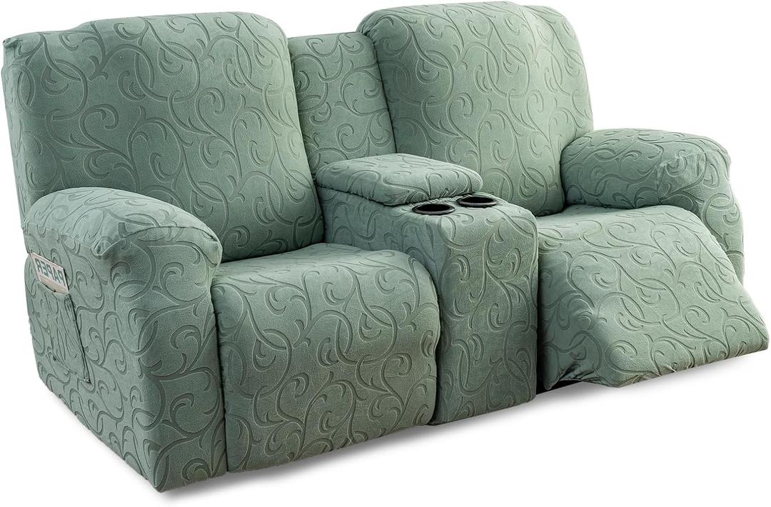 Recliner Loveseat Cover with Center Console, 2 Seater Jacquard Recliner Sofa Slipcover with Pockets Washable Stretch Reclining Couch Covers Furniture Protector Elastic Straps (Matcha Green)