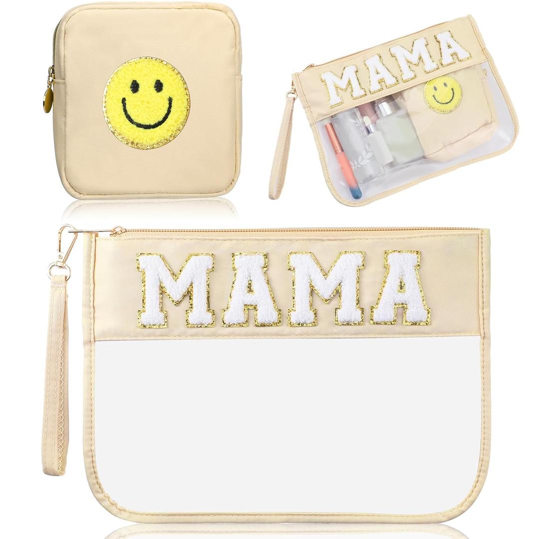Hillban 2 Pcs Mama Gifts Set Mama Makeup Bag for Hospital Chenille Letter Pouch Preppy Patch Beach Travel Bags Aesthetic Waterproof Portable Toiletry Storage