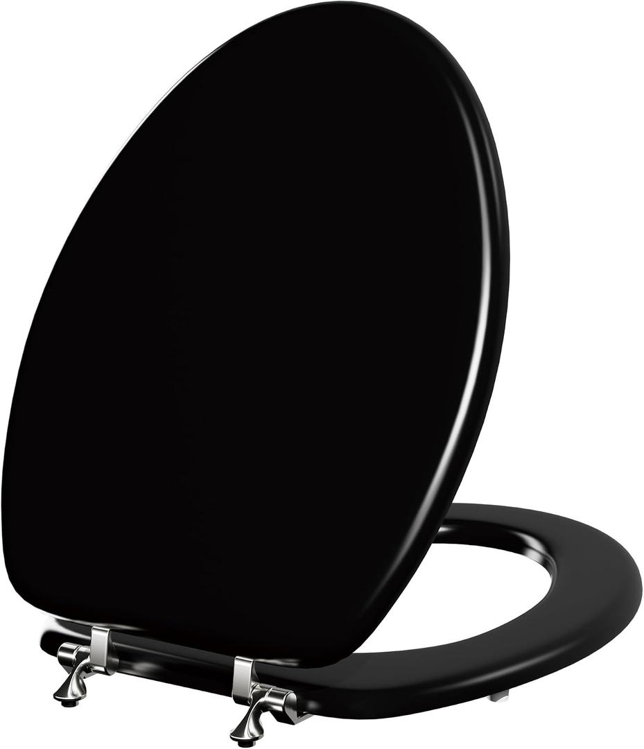 Deewow Black Elongated Toilet Seat, Heavy Duty Wood Toilet Seat with Baked Enamel Process, Suppor 400 lbs, Wooden Oval Toilet Lid with Chrome Hinges, Grip-Tight Bumpers, Easy Clean and Easy to Install