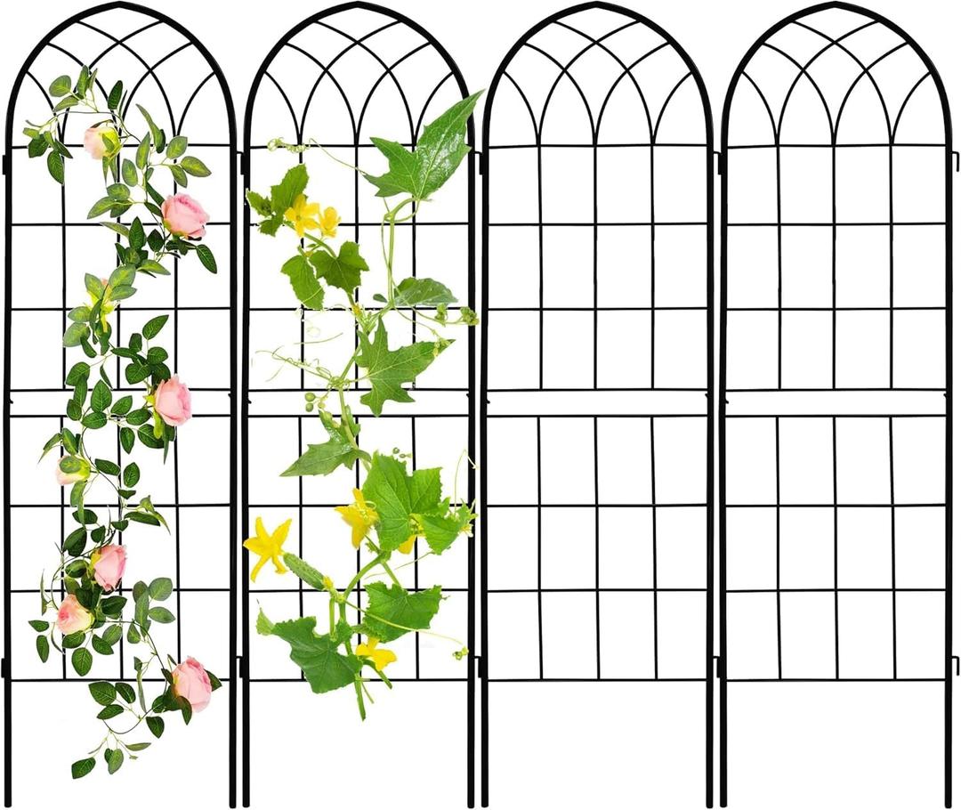 LZRS 4 Pack 71x20in Rustic Iron Arch Decoration Garden Trellis with Black Metal Coating Perfect for Supporting Climbing Plants Outdoor, Roses, Vines, Flowers, and Vegetables.
