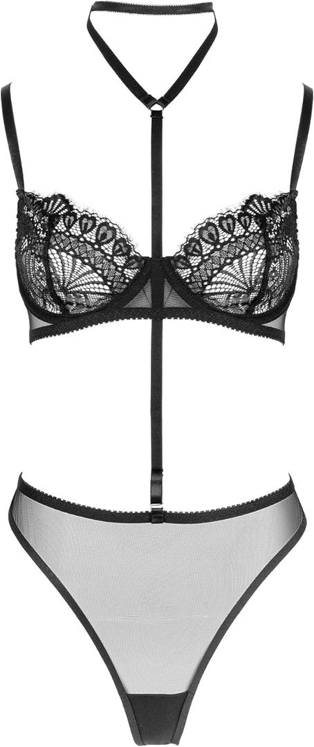 Women's Lingerie 3 Piece Garter Lingerie Bra and Panty Sets with Halter for women (Black, M)