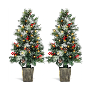 2 Pack 4FT Entrances Christmas Trees for Porch Pre Lit Artificial Pathway Potted Xmas Tree with 100 LED Lights 8 Mode Remote Control Berries Pine Cones for Front Door Driveway Yard Outdoor