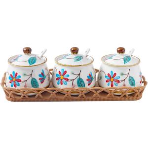 Ceramic Salt Sugar Bowls Set, Set of 3 Condiment Pots Seasoning Jar Spice Container with Lid Spoon and Tray for Home Kitchen Counter, Dishwasher Safe (Red)