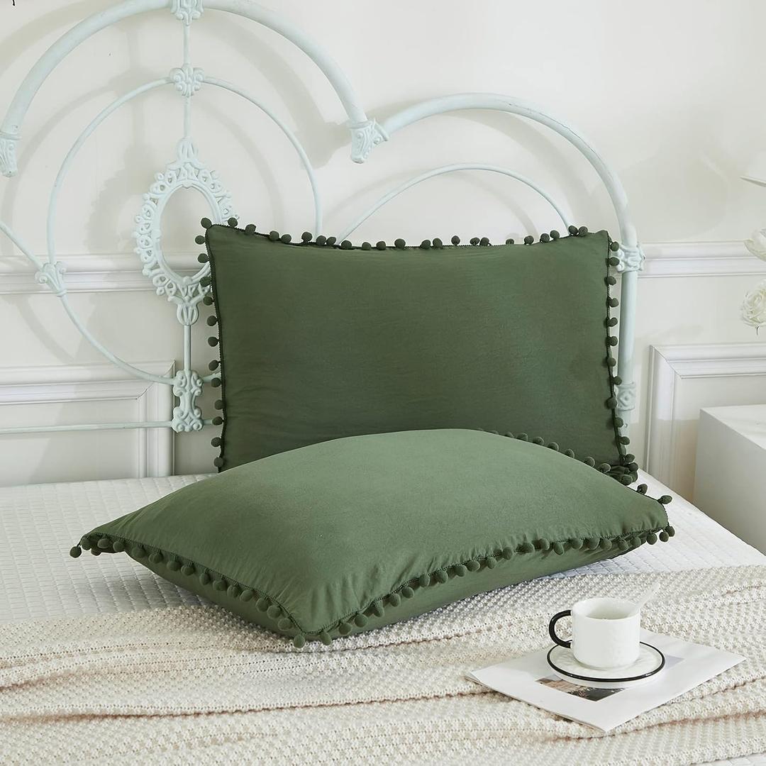 Dark Green Pom Poms Pillowcases, Green Standard Pillow Cases Set of 2, 100% Washed Microfiber, Bronze Green Ball Fringe Pillow Cover, 2 Pack