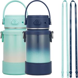 Pack of 2 Kids Water Bottle with Straw, 14oz Insulated Stainless Steel Tumbler, Leak-Proof Locking Lid for School, Lunchbox, Outdoor Sports, Case with Shoulder Strap (Mint Bloom+Midnight Mint)