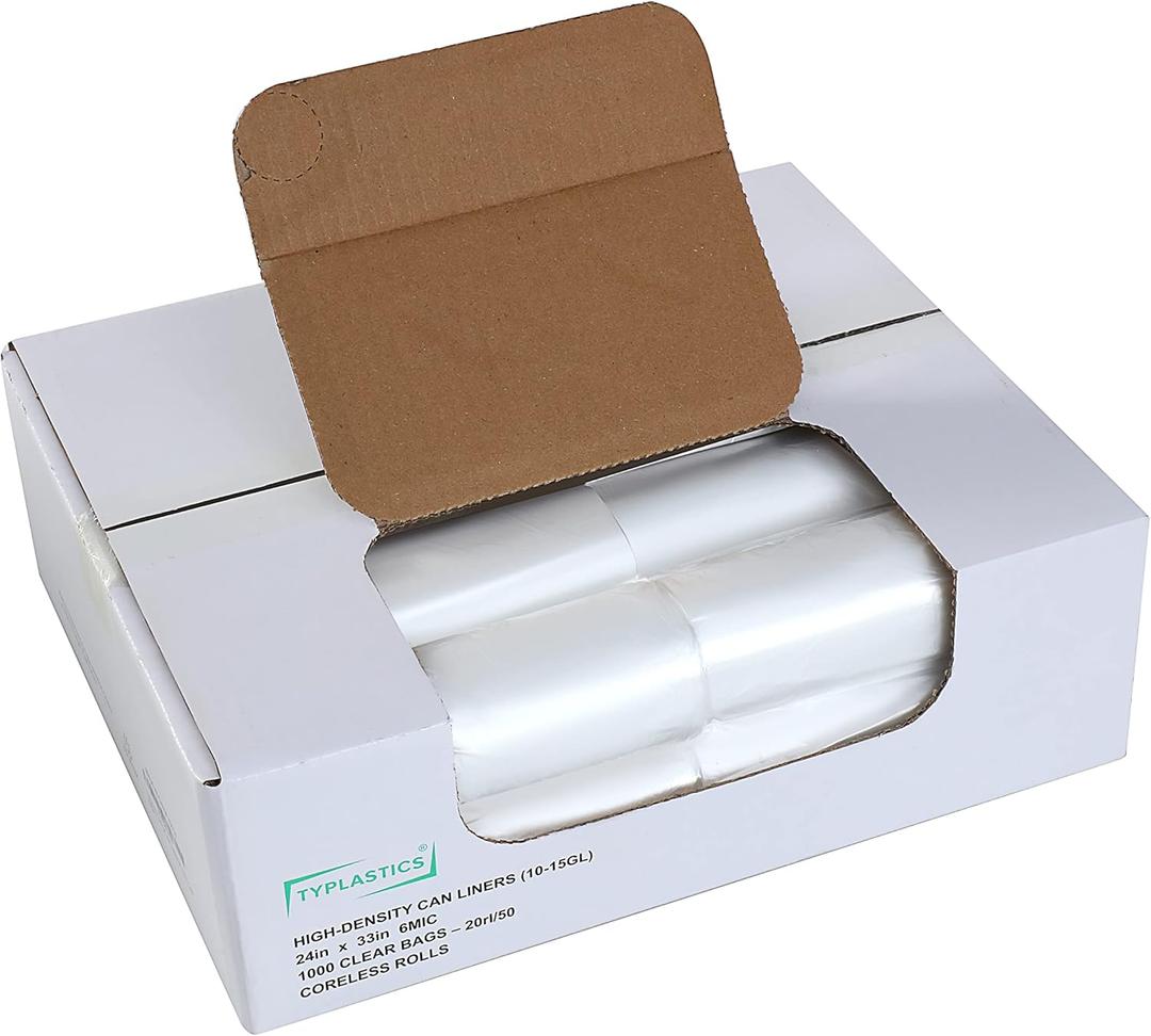 TYPLASTICS Trash Can Liners  Wholesale 1000 Count High Density Garbage Bags on Perforated Roll 1015 Gallon 24" x 33"