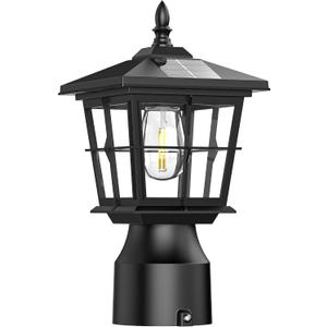APONUO Solar Post Lights Outdoor with Edison Bulb, 3-Color Temperature, Dusk to Dawn Lamp Post Light, ABS Waterproof, 3" Round Post/Pole Light(Base not Included), 1 Pack Black