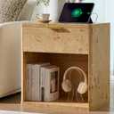 Burl Finish Nightstand with Charging Station - Farmhouse Bedside Table with USB & 2 Outlets, Night Stand with Drawer and Large Open Shelf, Vintage Dresser for Bedroom, 1 Drawer