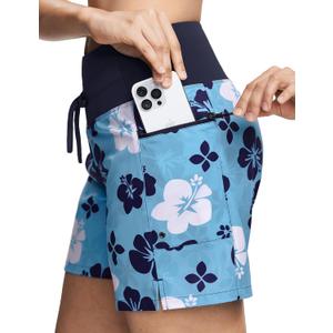 ISEEGZ Women's 5"/9" High Waisted Swim Board Shorts Quick Dry UPF 50+ Womens Swim Trunk Bottoms with Liner Zipper Pockets (Medium, Blue Floral)