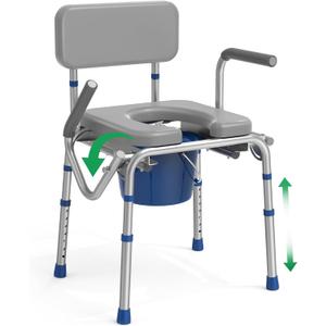 Drop Arm Bedside Commode, Commode with Padded Seat and Backrest, 500lbs Capacity, 5.81QT Removable Bucket, Adjustable Height Portable Toilet for Adults, Gray