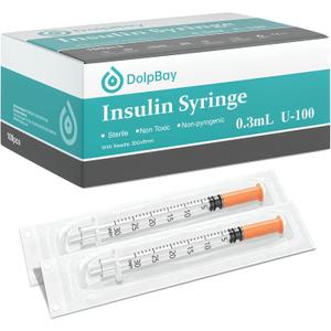 Insulin Syringe with Needle, 30G 0.3cc 5/16-Inch (8mm), Box of 100