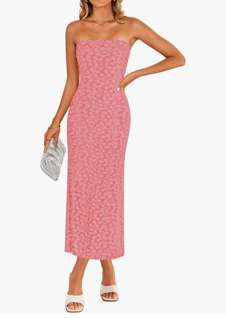ZESICA Women's 2025 Summer Boho Floral Strapless Bodycon Dress Off Shoulder Tube Beach Party Long Midi Dresses Pink XL