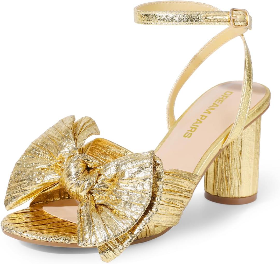 DREAM PAIRS Women's Bow Knot Heeled Sandals Low Chunky Heels Open Toe Ankle Strap Slingback Dress Shoes for Wedding Bridal Party (9, Gold)
