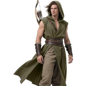 L'VOW Men's Medieval Hooded Surcoat Renaissance Tabard Sleeveless Tunic Cloak Viking Costume Holloween Assassin Cosplay (Army Green, Large)