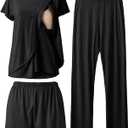 Rnxrbb 3 Piece Postpartum Nursing Pajamas Set Casual Soft Maternity Breastfeeding Pjs Sleepwear Loungewear Clothes Layer (Large, Black)