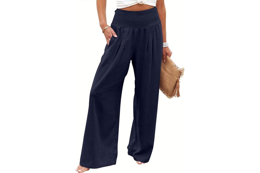 LOFBAZ Women Summer Flowy Cotton Linen Palazzo Wide Leg Pants Beach High Waisted Trousers Boho Long Lounge Pant with Pockets (Large, Navy Blue)