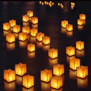 10 Pack 6" Star Shaped Floating Lanterns with Waterproof Wooden Base Sets, Paper Water Lanterns Decoration with LED Tealight Candle (10Sets Lanterns+Candles)