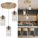Modern Glass Pendant Light, Copper Finish 3-Light Chandelier for Kitchen Island/Dining, Height Adjustable, E26 Sockets, Bulbs Not Included