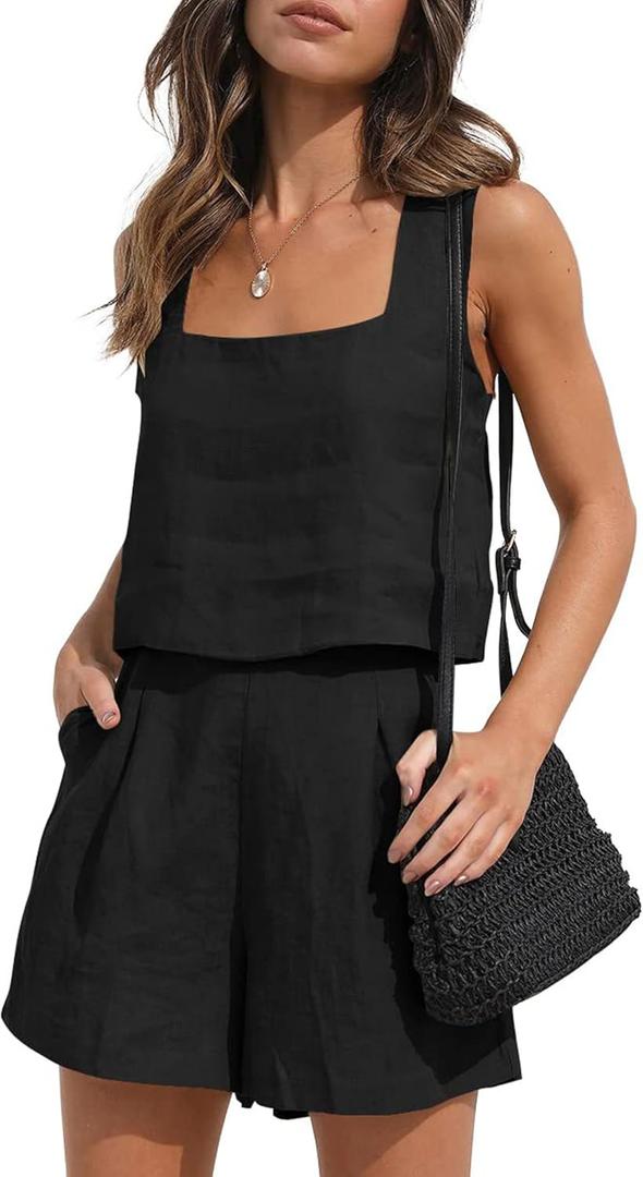 Womens Linen 2 Piece Outfits Lounge Sets sleeveless Tank Tops and High Waist Shorts Summer Vacation Set, M