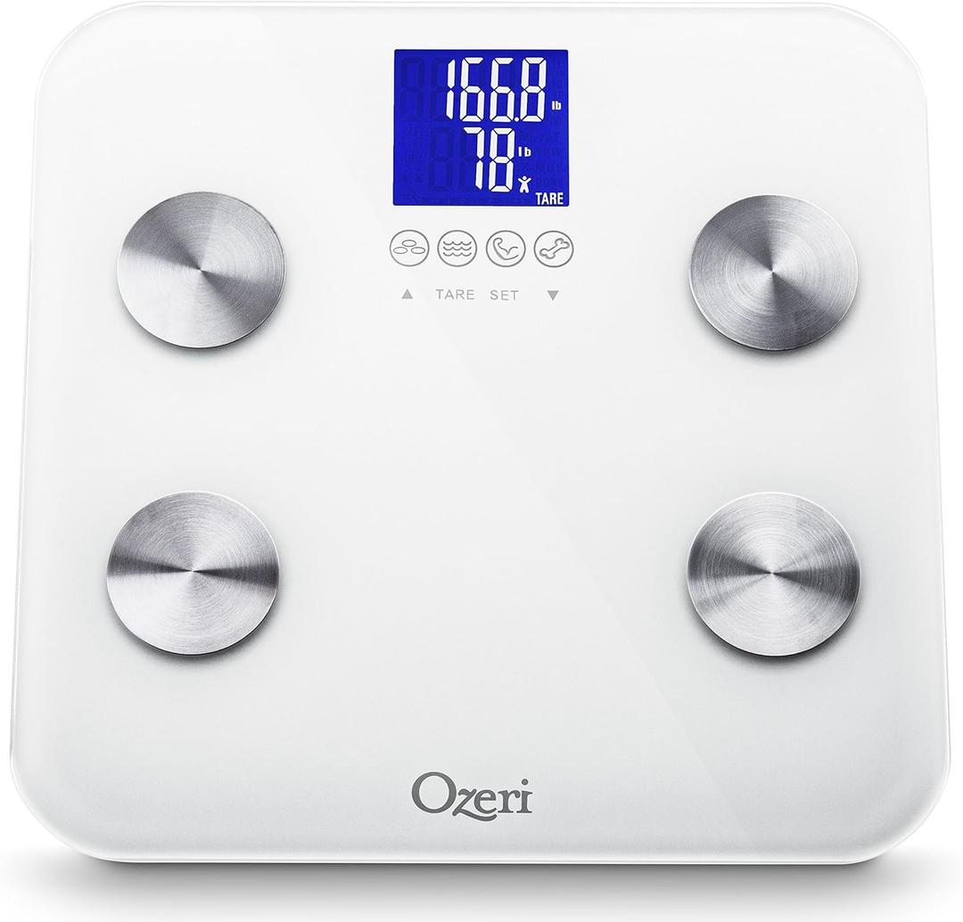 Ozeri Touch 440 Lbs Total Body Weight Scale (Body Fat, Muscle, Bone, Weight & Hydration), Auto Recognition Bath Scale with Infant Tare (White)