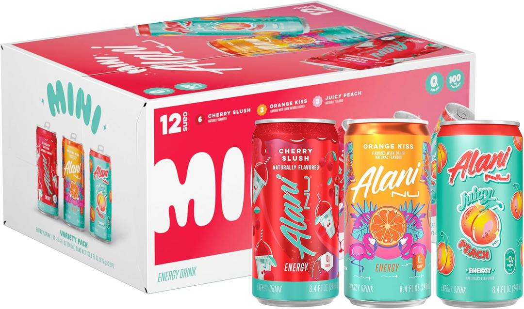 Alani Nu VARIETY PACK (CHERRY SLUSH, JUICY PEACH, ORANGE KISS), Low Calorie Energy Drinks, 100mg Caffeine, Biotin, B Vitamins, Zero Sugar, 10 Calories or Less, 8 Fl Oz Cans, 12 Pack, No BB Date