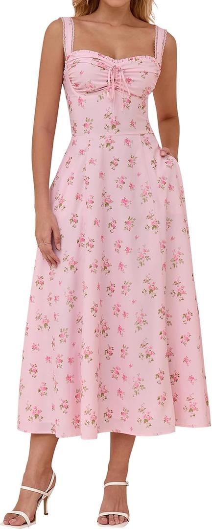 KUTUMAI Floral Corset Midi Dresses for Women 2025 Lace Up Flowy Summer Wedding Guest Dress with Pockets PinkFloral L
