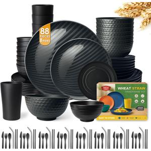 Teivio 88-Piece With Flatware Kitchen Plastic Wheat Straw Dinnerware Set for 8, Dinner/Dessert/Appetizer Plates, Cereal Fruit Bowls, Pasta Bowls, Cups, Unbreakable Dishwasher Safe Outdoor Dish, Black