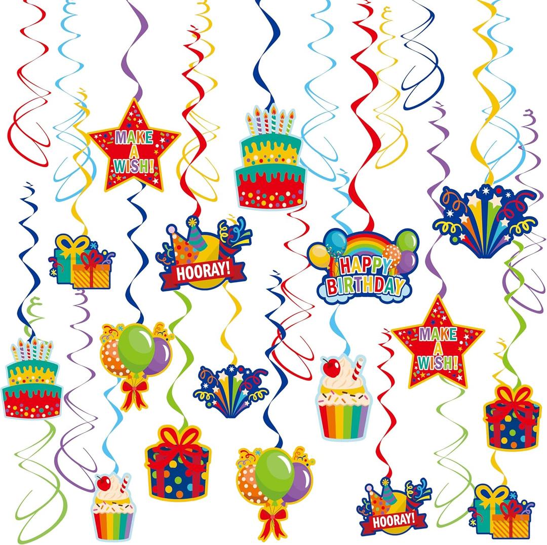 HonuGoGo Colorful Birthday Hanging Swirl Decorations, 36ct Paper Ceiling Decor Set with Cutouts of Cakes, Gifts, Balloons & Stars, Vibrant Paper Party Supplies for Birthday Decor & Celebration Themes
