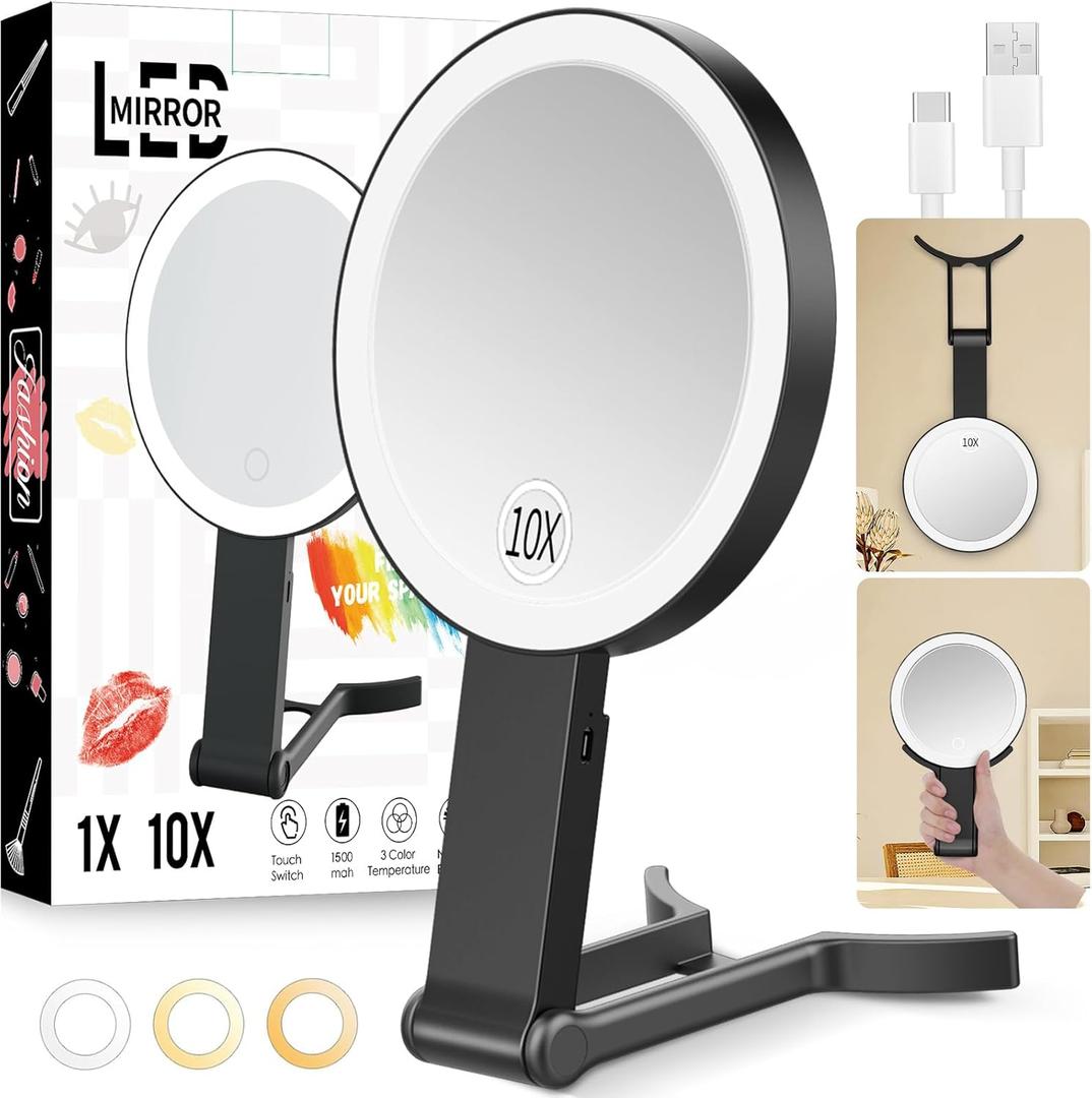 Travel Makeup Mirror with Lights, Lightened 10X/1X Double Sided Magnifying Mirror with 3 Colors, Brightness Adjustable Portable LED Mirror Gifts for Her Women Girls (Black)