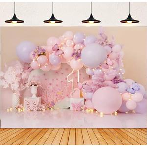 Photography Background Pink Flower Balloon Butterfly Cake Crush Girl 1st Birthday Party Decoration Backdrop Photo Studio 7x5 feet