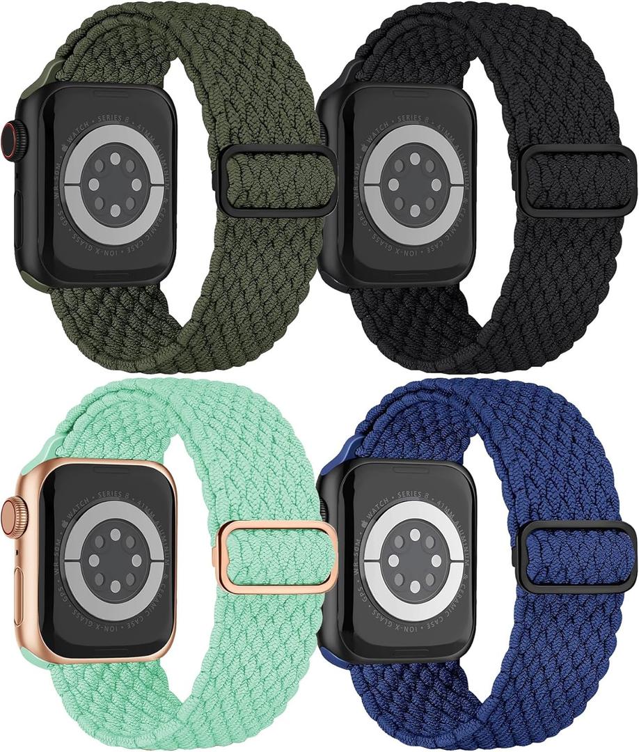 Braided Solo Loop for Apple Watch Band 42mm 41mm 40mm 38mm iWatch Bands 38mm Women Men,4 Pack Stretchy Nylon Bands Sport Loop Fabric Strap for Apple Watch bands Series 10 9 8 7 SE2 SE 6 5 4 3 2 1