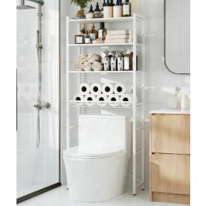 4-Tier Over-the-Toilet Storage Rack with One-Piece Wooden Shelves & Open Net Basket, Bathroom Organizer with Adjustable Feet & Anti-Tip Kit, Space-Saving Toilet Shelf, White, 24.4" x 9.4" x 69.3"
