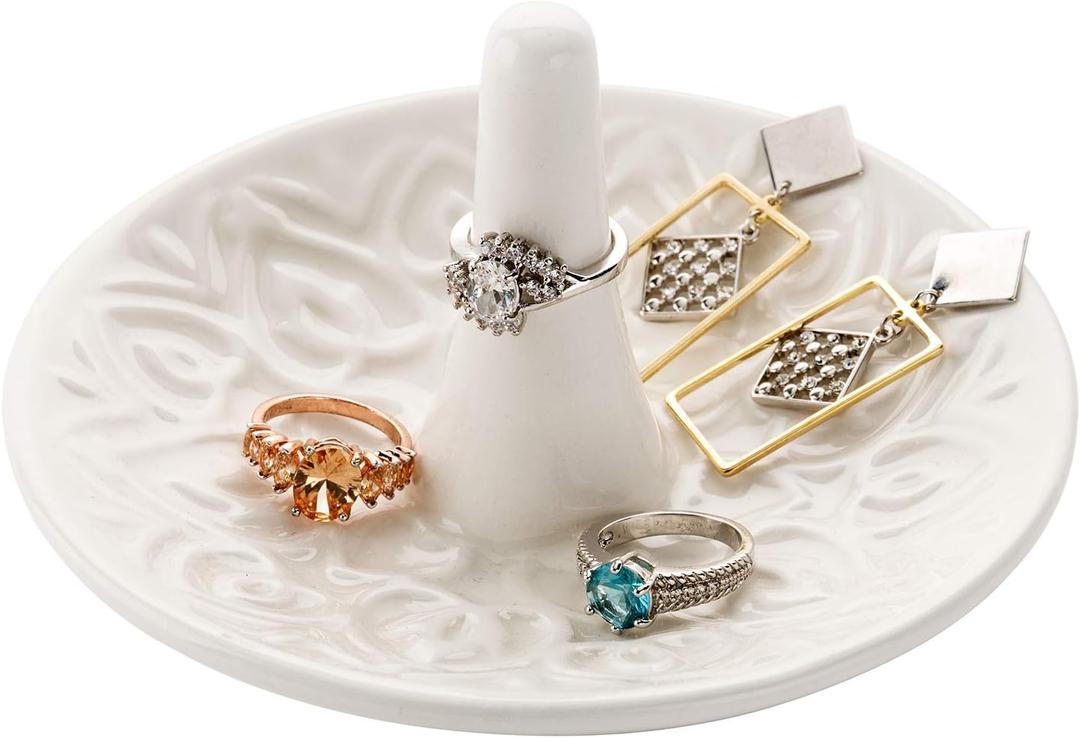 MyGift Decorative White Ceramic Ring Tray for Jewelry, Ring Cone and Trinket Tray with Raised Heart Design