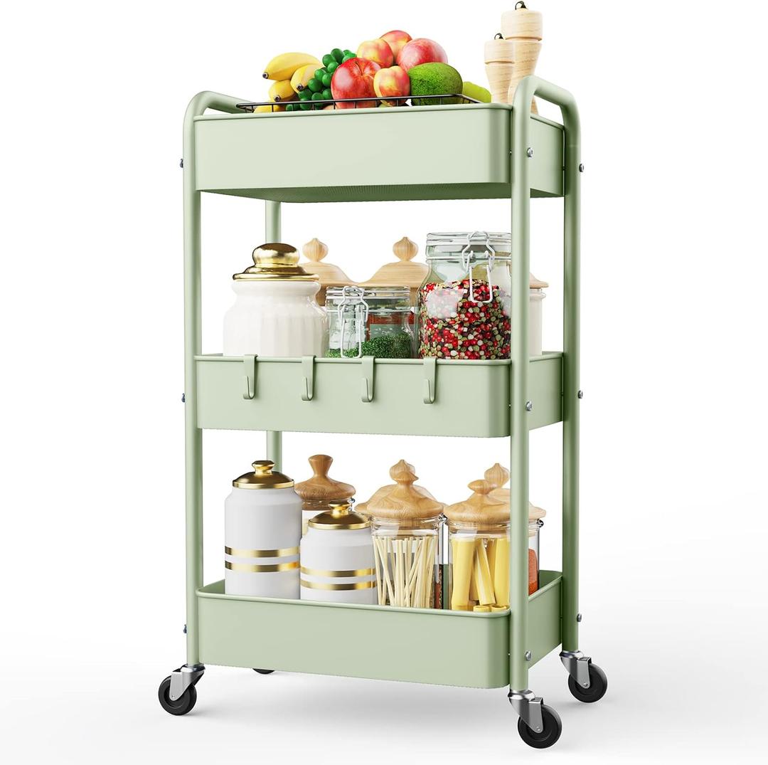 LEHOM 3 Tier Rolling Storage Cart, Metal Trolley Utility Cart with Wheels & Hooks, Easy Assembly Organizer Storage Cart for Bathroom Kitchen Office Bedroom
