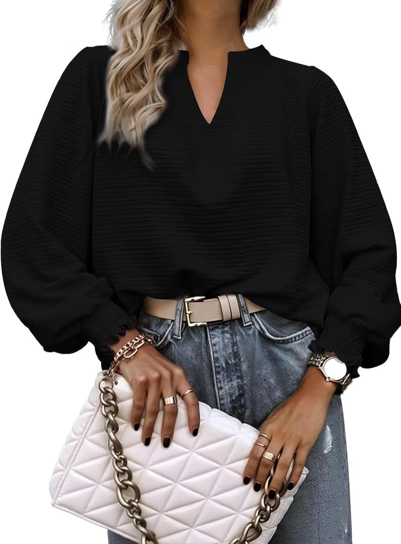 Womens Tops Dressy Casual Long Sleeve Shirts Loose V Neck Business Work Tunic Blouses (Black, S)
