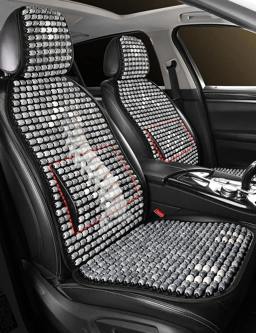 Wood Beaded Car Seat Cover Massaging Breathable Cooling Gray Real Wood Bead Cushion Universal Fit for Sedan, SUV & Truck. The Ergonomic Lumbar Support Can Relieve Painful from Long Trips