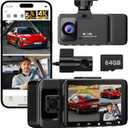 3 Channel Dash Camera for Cars, 4K UHD Dash Cam Front and Rear Inside with 64GB Card, 170+150+140 Wide Angle Recording, G-Sensor, Loop Recording, 24H Parking Monitor, Night Vision, 5GHz WiFi