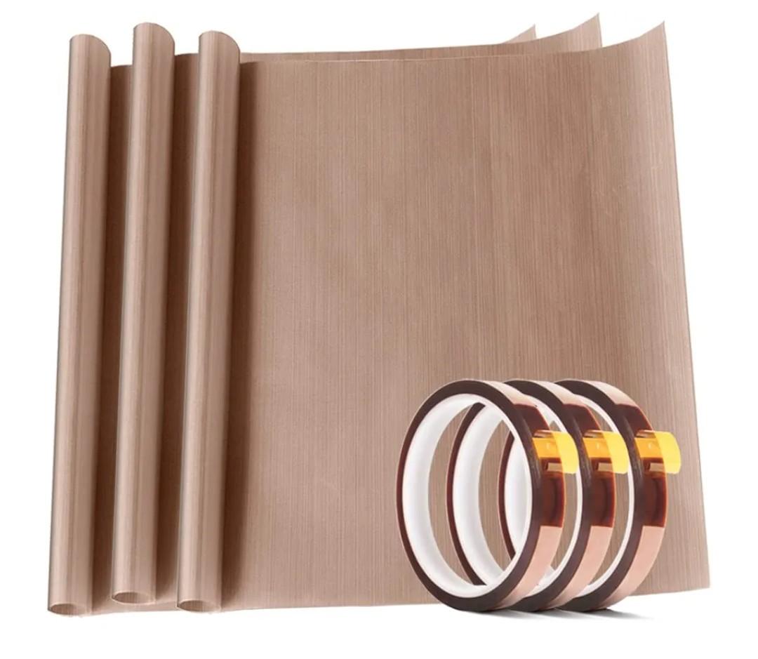 2 Pack PTFE Teflon Sheet 12 x 16" and 2 Rolls 10mm X 33m Heat Resistant Sublimation Thermal Tape for Heat Press Transfer,Non Stick Paper Reusable Craft Mat,Protects Iron,for Machines