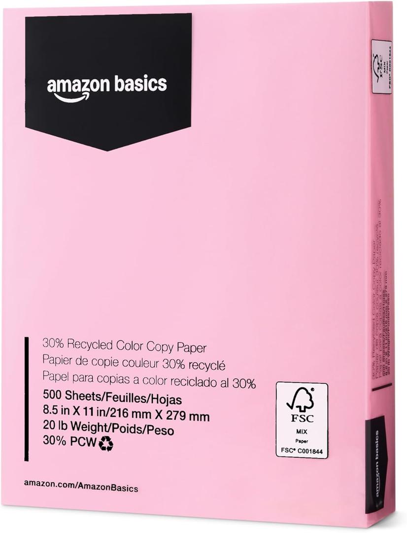 Amazon Basics 30% Recycled Color Copy Paper, 8.5" x 11", 20lb, Pastel Pink, 500 Sheets